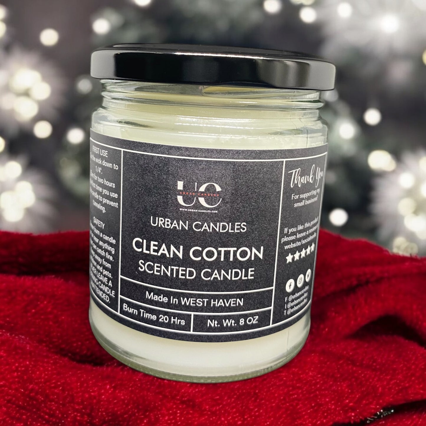 Clean Cotton Scented Candle 8 oz by Urban Candles - hand-poured soy blend